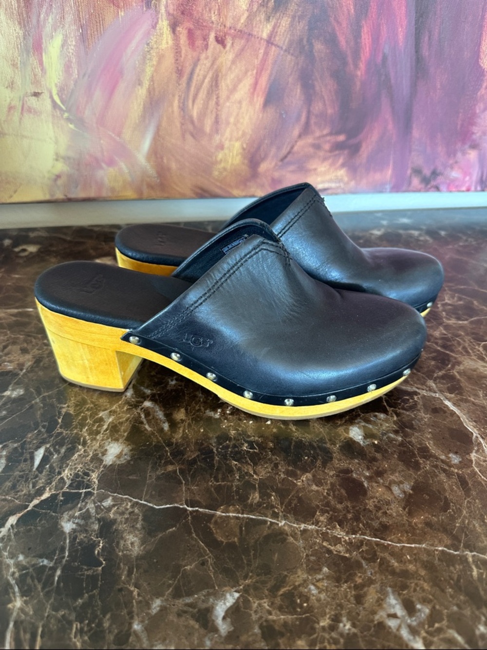 UGG Black Leather Clog Mules with Wood Heel